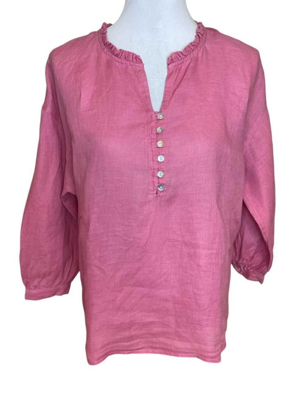 J.Jill Love Linen Ruffle Neck Button Front Popover Blouse Lagenlook Pink Size XS